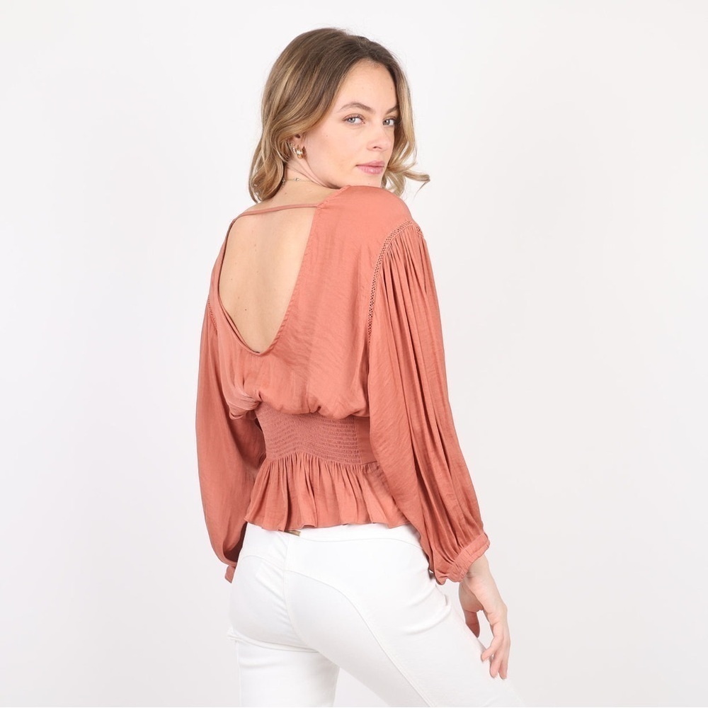 Free People Corset Blouse Top Smocked Balloon Sleeve Bohemian Texas Orange Small - Picture 9 of 11